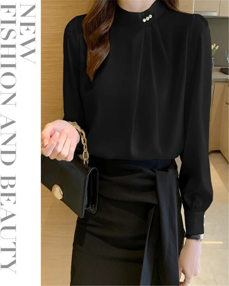Silky Satin Beaded Women's Blouses Shirts Elegant Pullover Chiffon Long-sleeved Shirt Stand-up Collar Ladies Tops Female Blouse