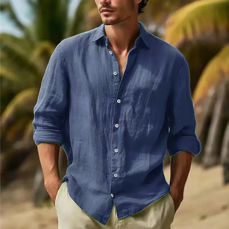 Uveng Uveng Men's Linen Shirt Button Shirt Summer Beach Shirt Pure Color