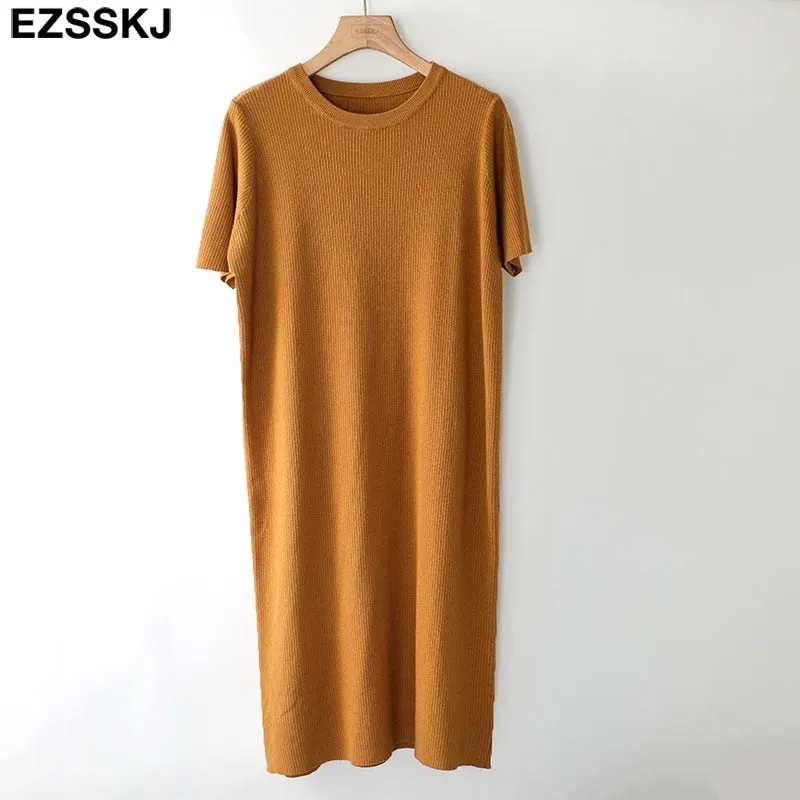 short sleeve straight spring autumn straight maxi sweater dress women o-neck long knit  dress elegant female loose knit dress