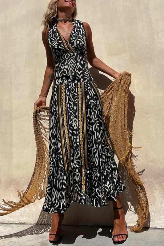 Ethnic Beach Print V Neck Maxi Dress