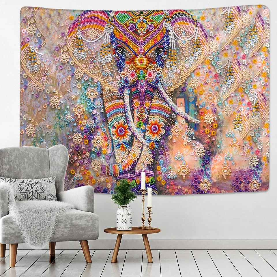 Colorful Pearl Elephant Tapestry 3D Mosaic Style Hippie Boho Wall Tapestries Mandala Fabric  Mat Living Room Decor