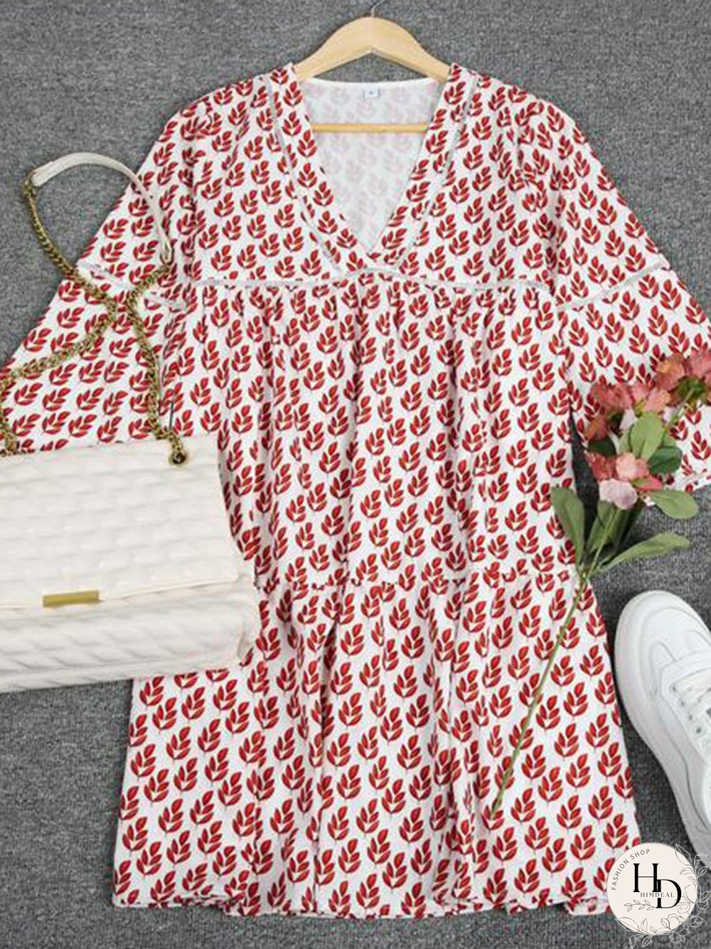 Stunning V-Neck 3/4 Sleeve Printed Mini Dress P15651