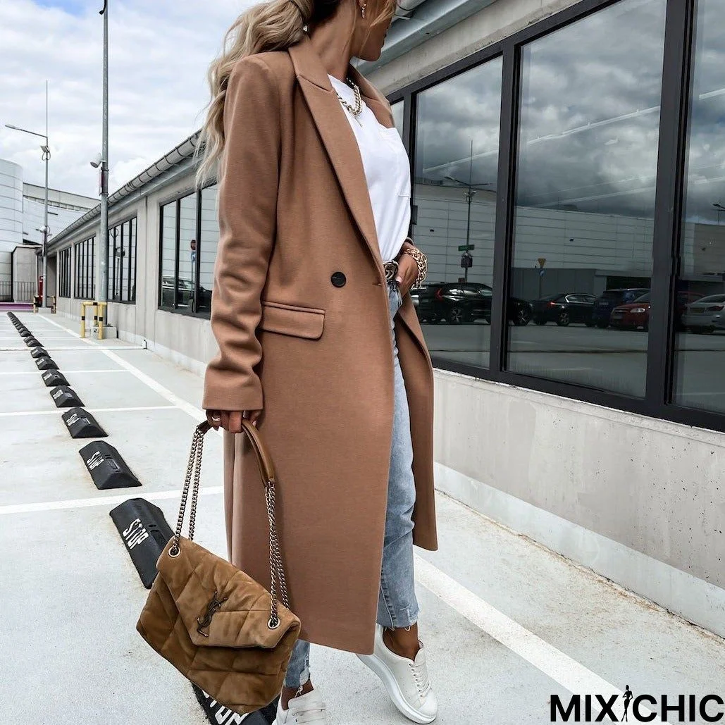 Autumn and Winter Long Suit Collar Woolen Coat