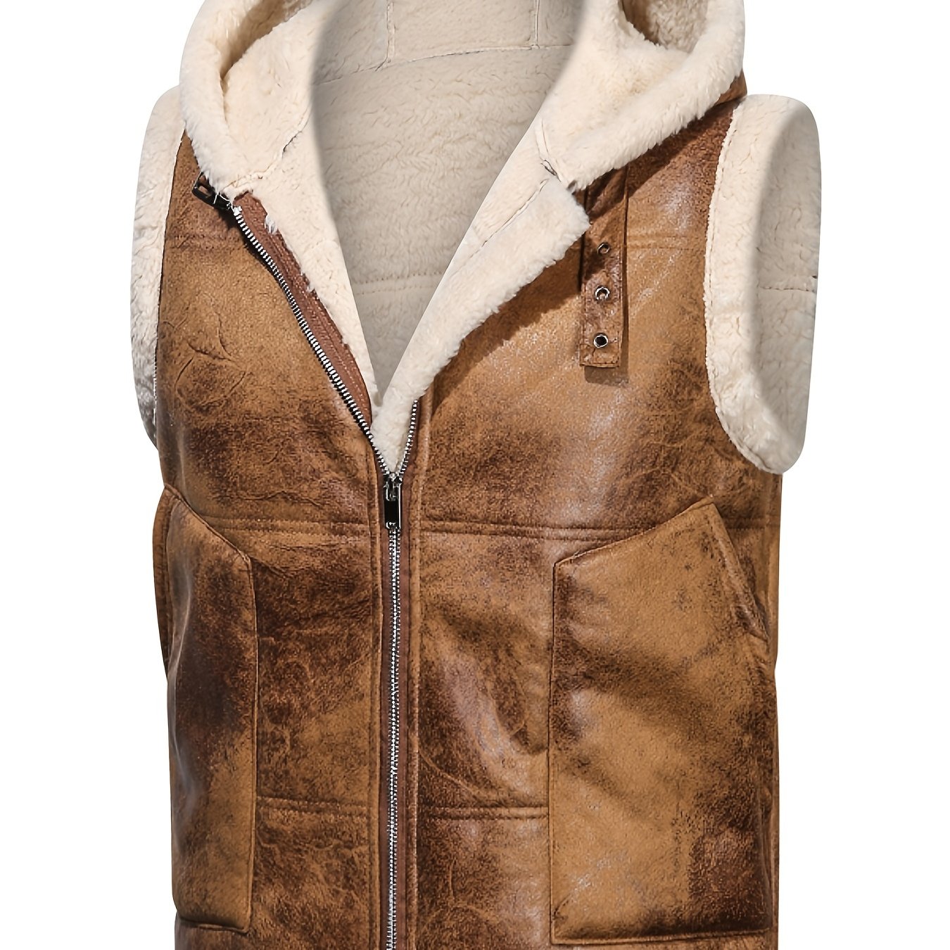 men's Faux Leather Jacket, Sleeveless Fleece Hooded Outwear Vest For Winter Men Clothes
