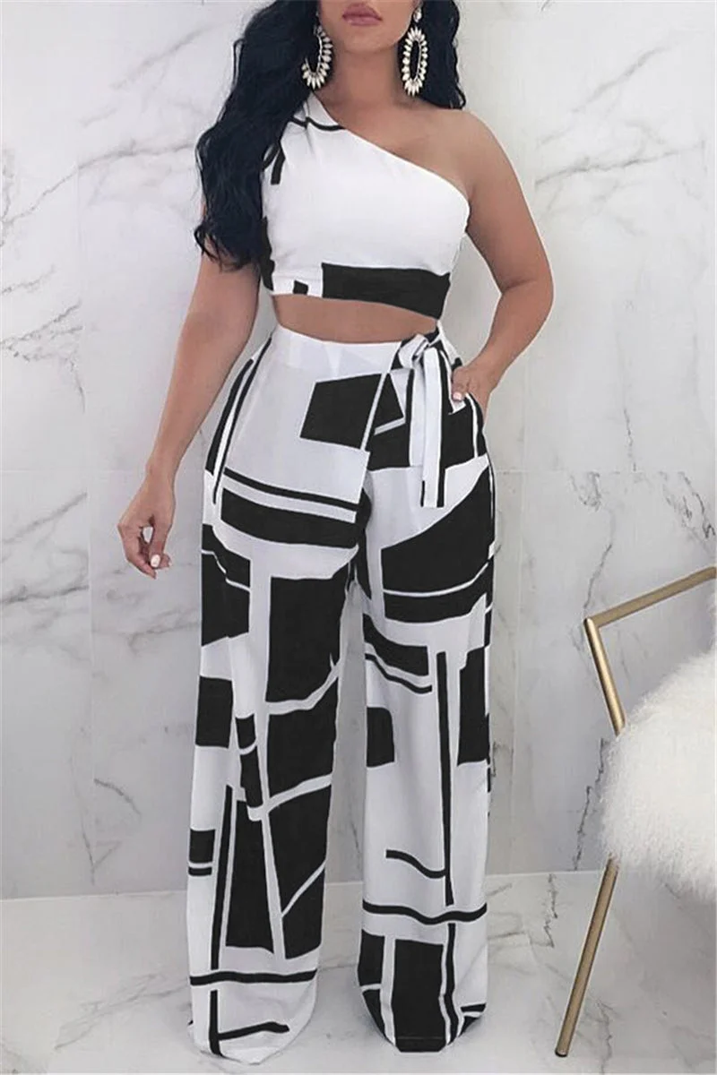 Fashion Casual Print With Bow Oblique Collar Sleeveless Two Pieces