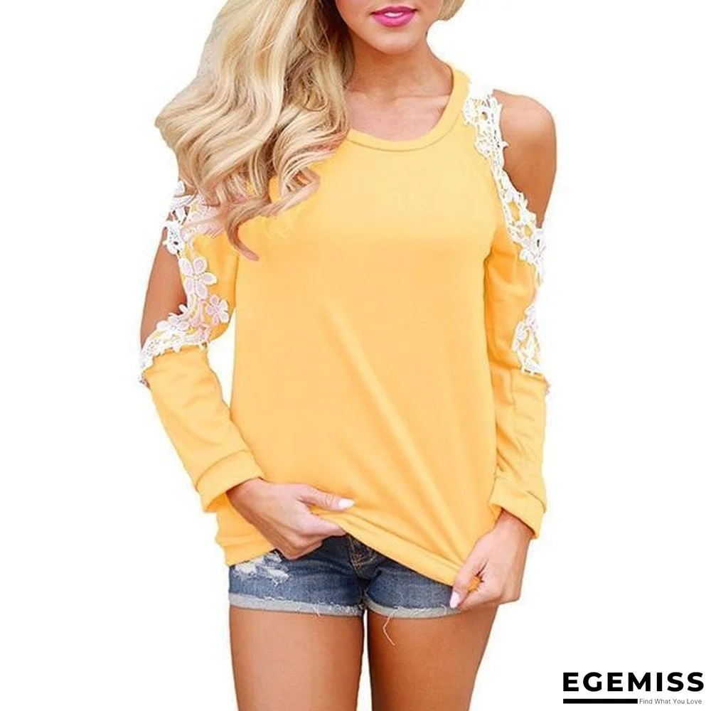 Women Cold Shoulder Long Sleeve Lace Blouse Causal Loose Solid Tops Tees | EGEMISS