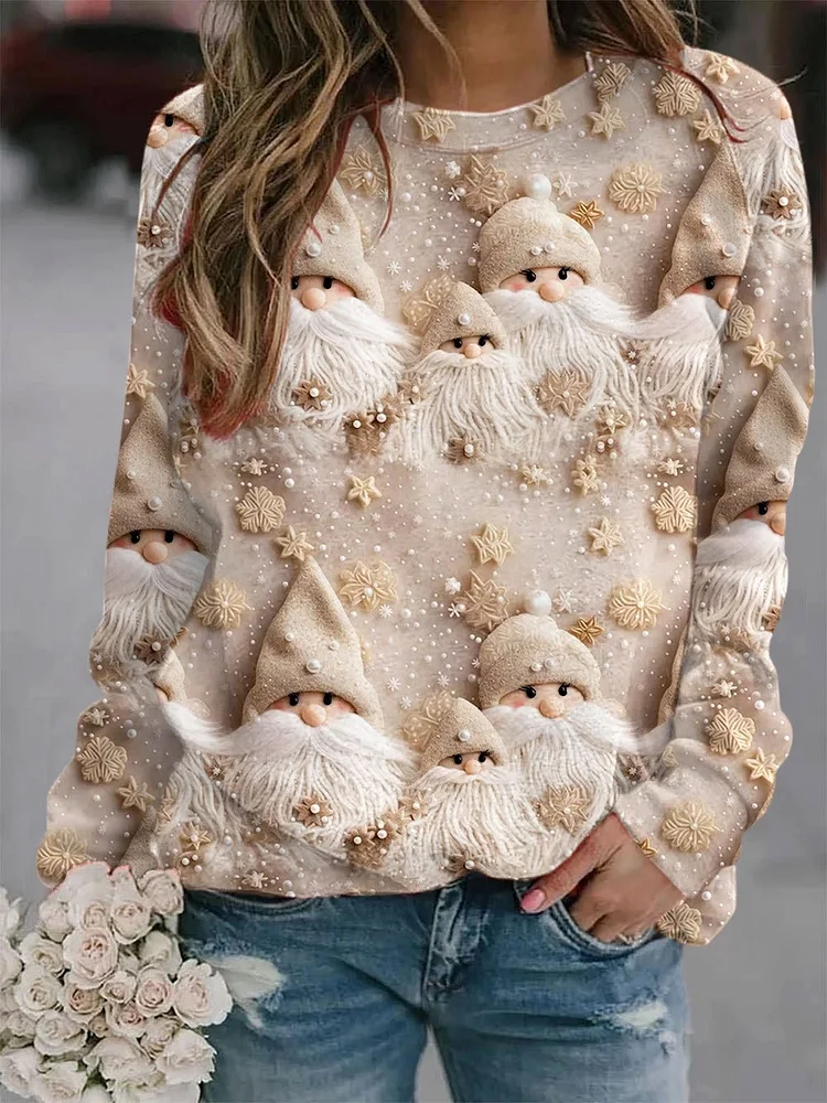 Combustiou Women's Beige Winter Snow Christmas Gnomes Print Casual Sweatshirt