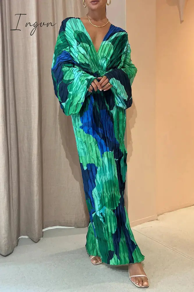 Ingvn - Elegant Vacation Print Fold V Neck Printed Dress Dresses Green / S Dresses/Casual