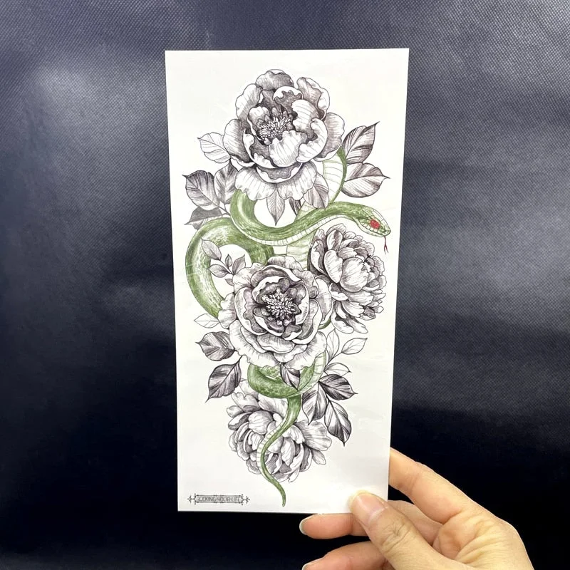 Big Size Green Snake And Rose Flower Fake Tattoo Stickers Women Men Body Art Waterproof Temporary Tattos Flash Arm Decals Tatoo