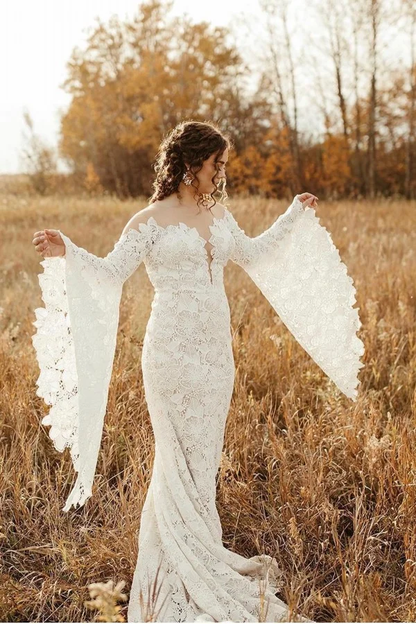 Daisda Elegant Long Sleeves Floor Length Mermaid Wedding Dresses With Lace 
