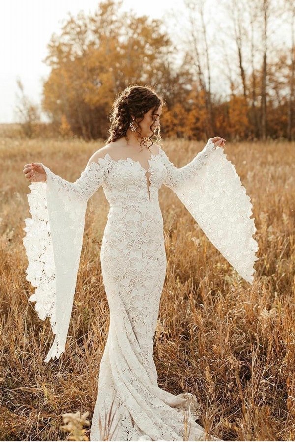Glamorous Mermaid Long Sleeves Floor Length Wedding Dresses With Lace | Ballbellas Ballbellas