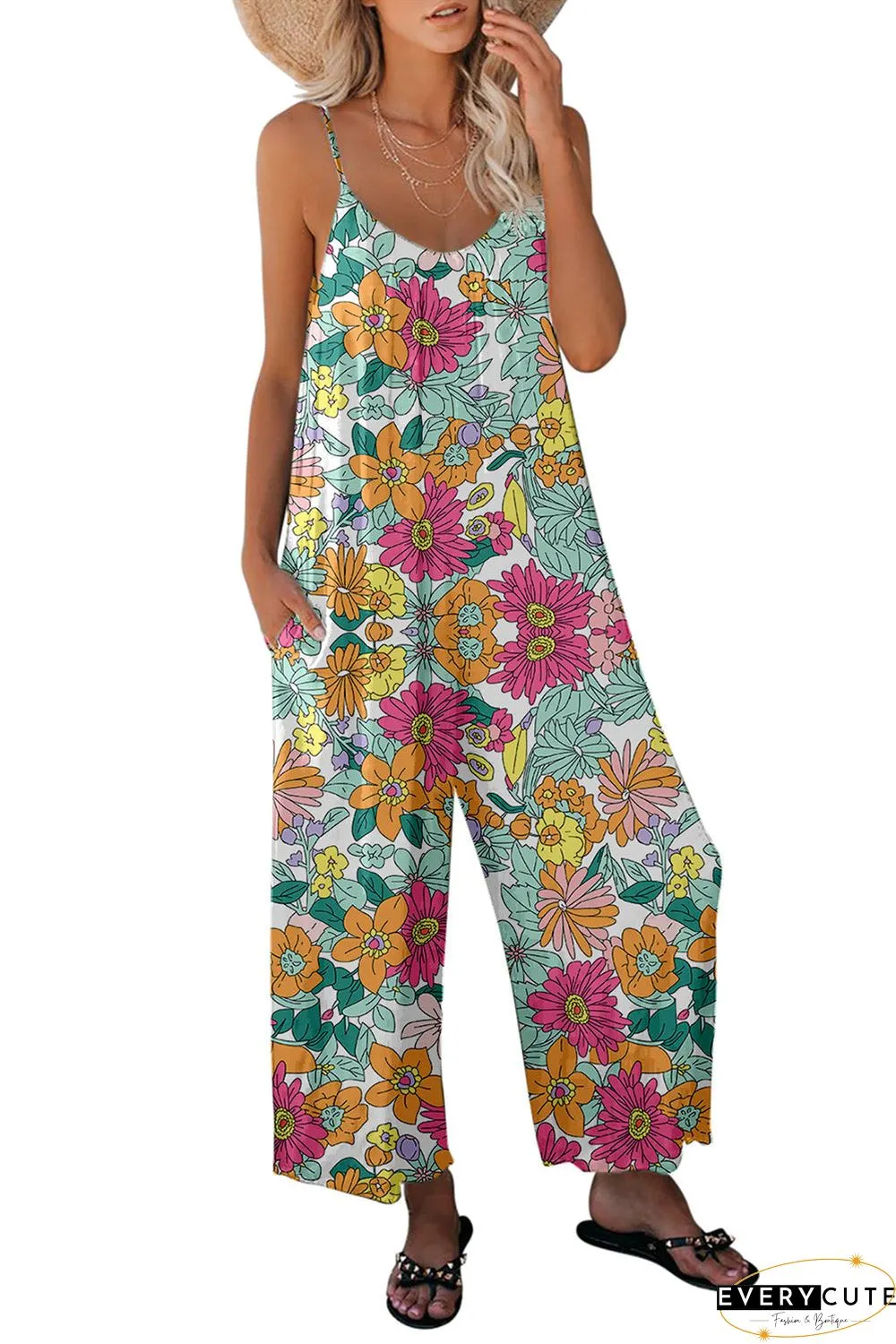 Print Spaghetti Strap Wide Leg Jumpsuit