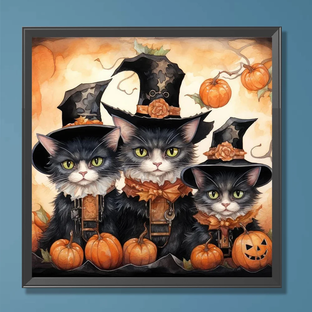 5D DIY Full Round Drill Diamond Painting Halloween Cat Pumpkin Kit Decor 30x30cm