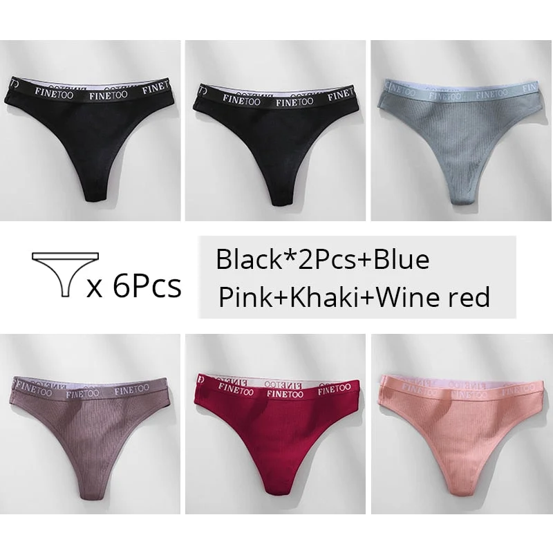 FINETOO Trendy Letter Thongs Cotton G-string Underwear M-XL Girls Bikini Underpants Comfortable Thong Panties 6Pcs Female Panty
