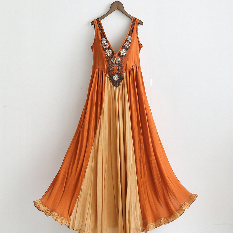 Women's Vintage Bohemian Floral Pattern V-neck Dress