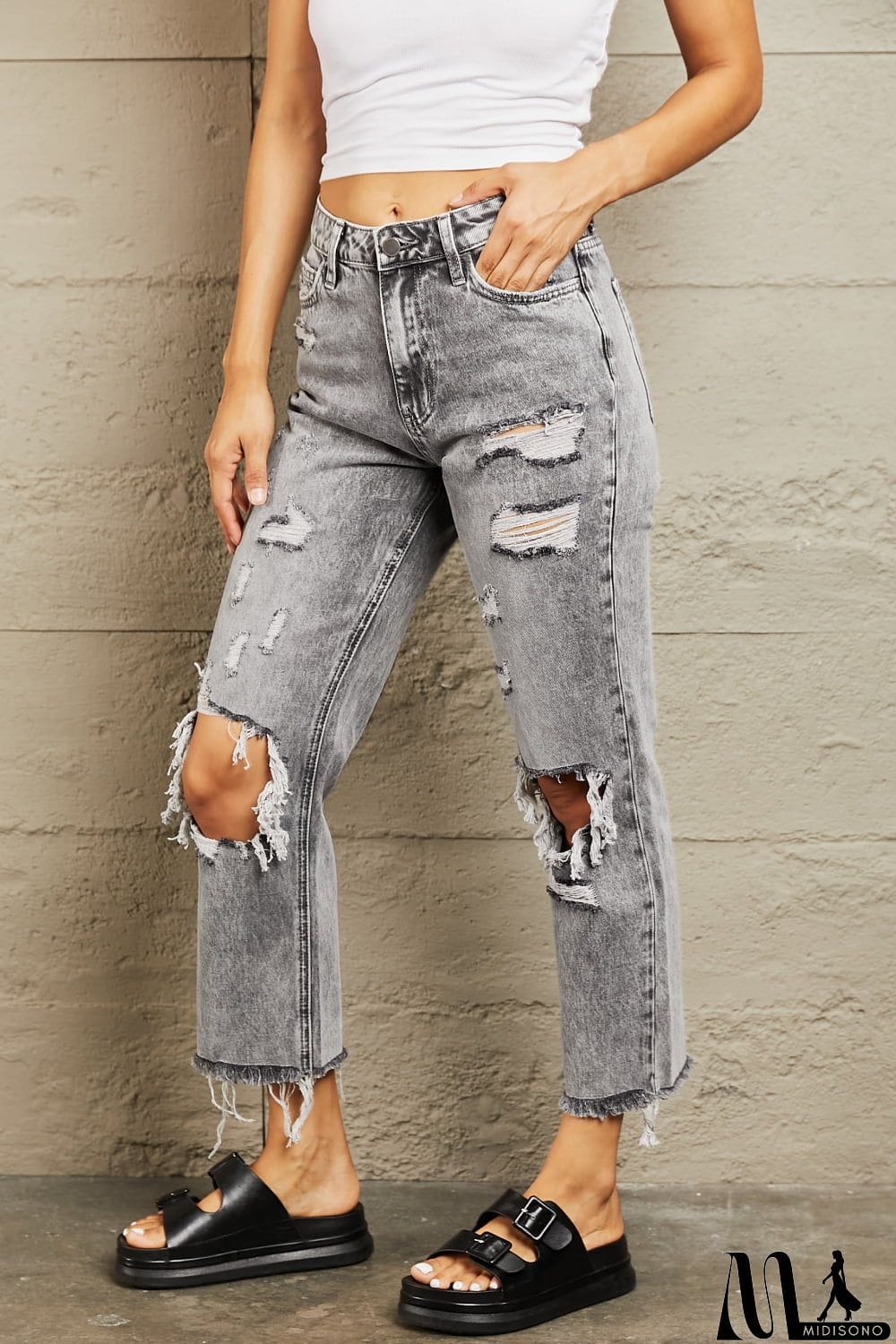 MidiSono - BAYEAS Acid Wash Distressed Straight Jeans