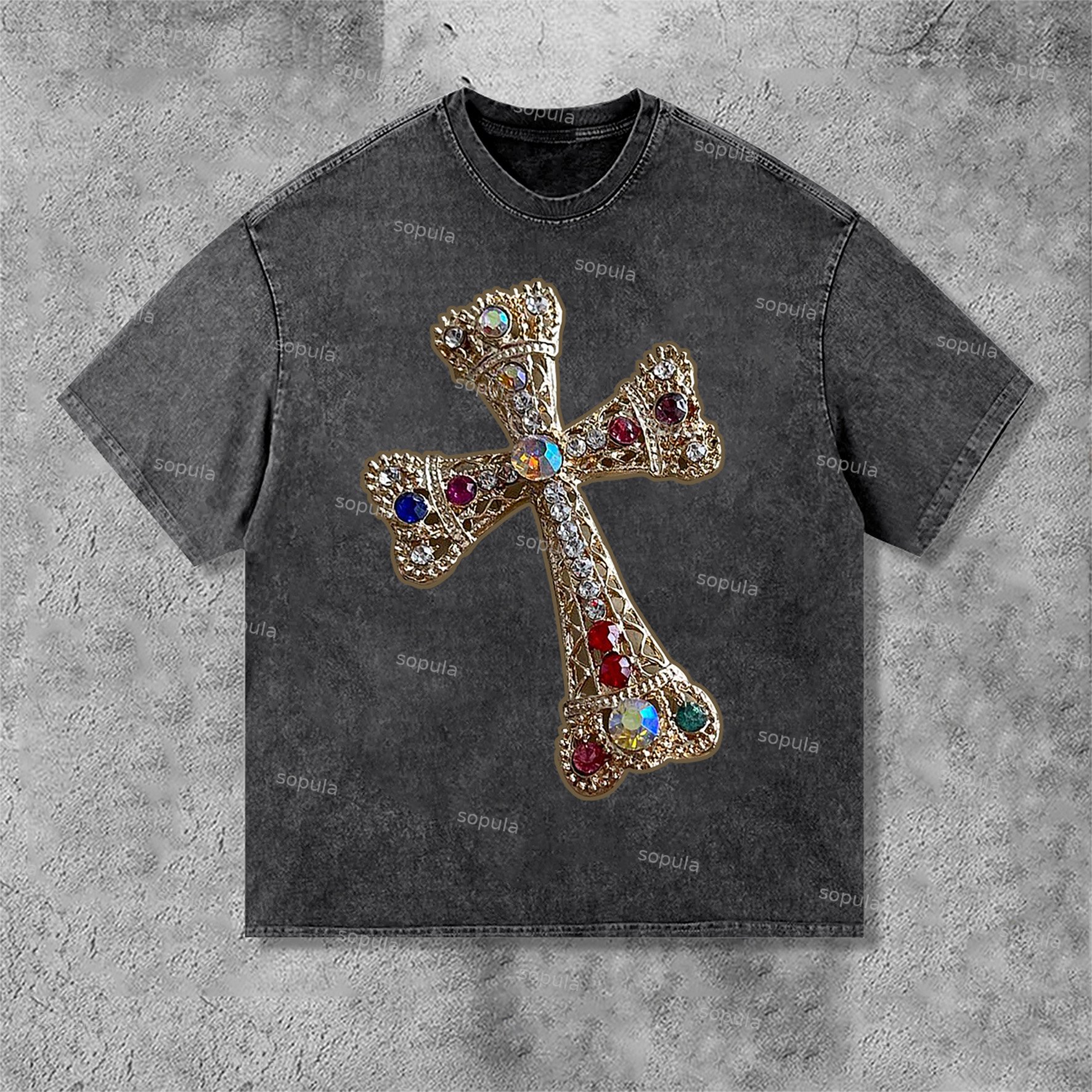 Diamond Cross Graphic Print Acid Washed T-Shirt - SOPULA