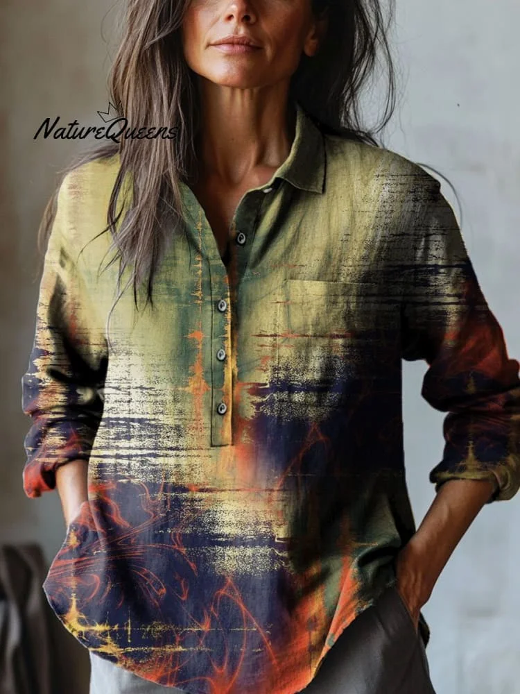 Women's Retro Strong Color Art Print Casual Cotton And Linen Shirt