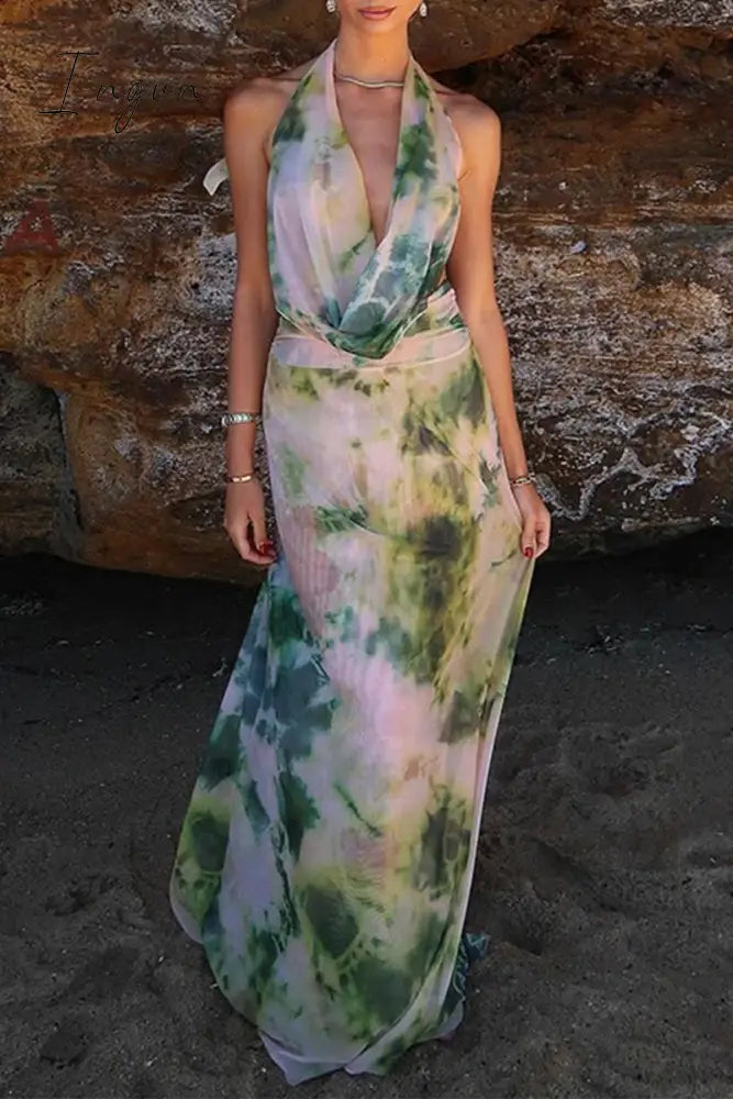 Ingvn - Sexy Gradual Change Print Backless Scarf Collar Sleeveless Two Pieces Green / S