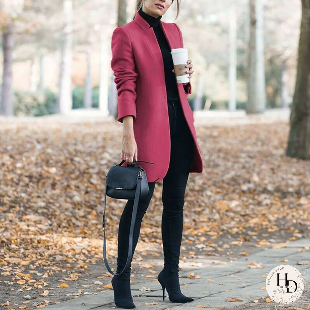 New Autumn and Winter Fashion Womens Solid Color Stand-Up Collar Woolen Coat Lapel Wool