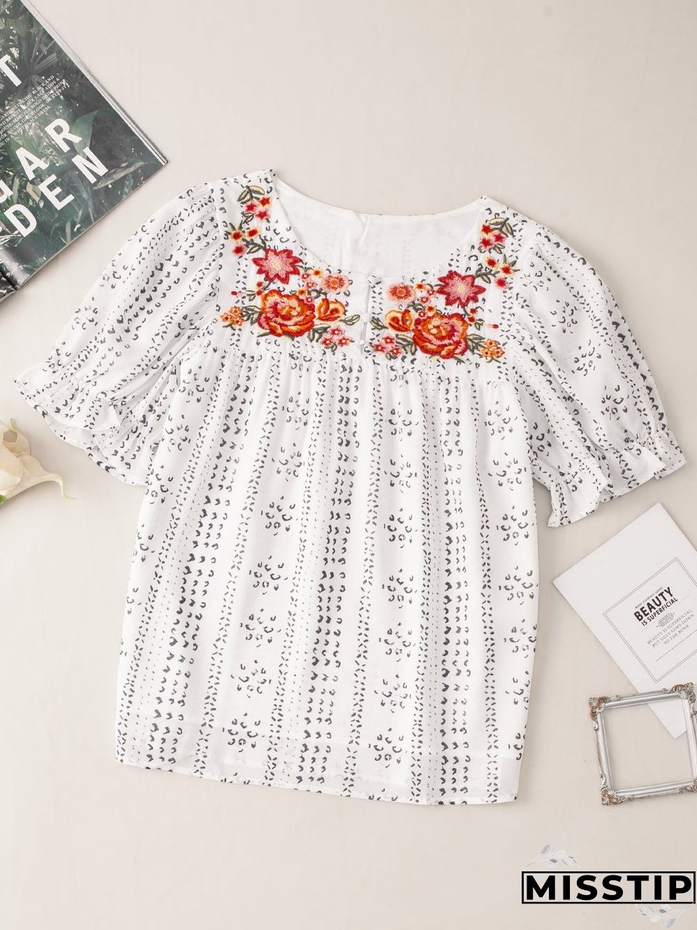 White Floral Embroidered Lightweight Summer Blouse