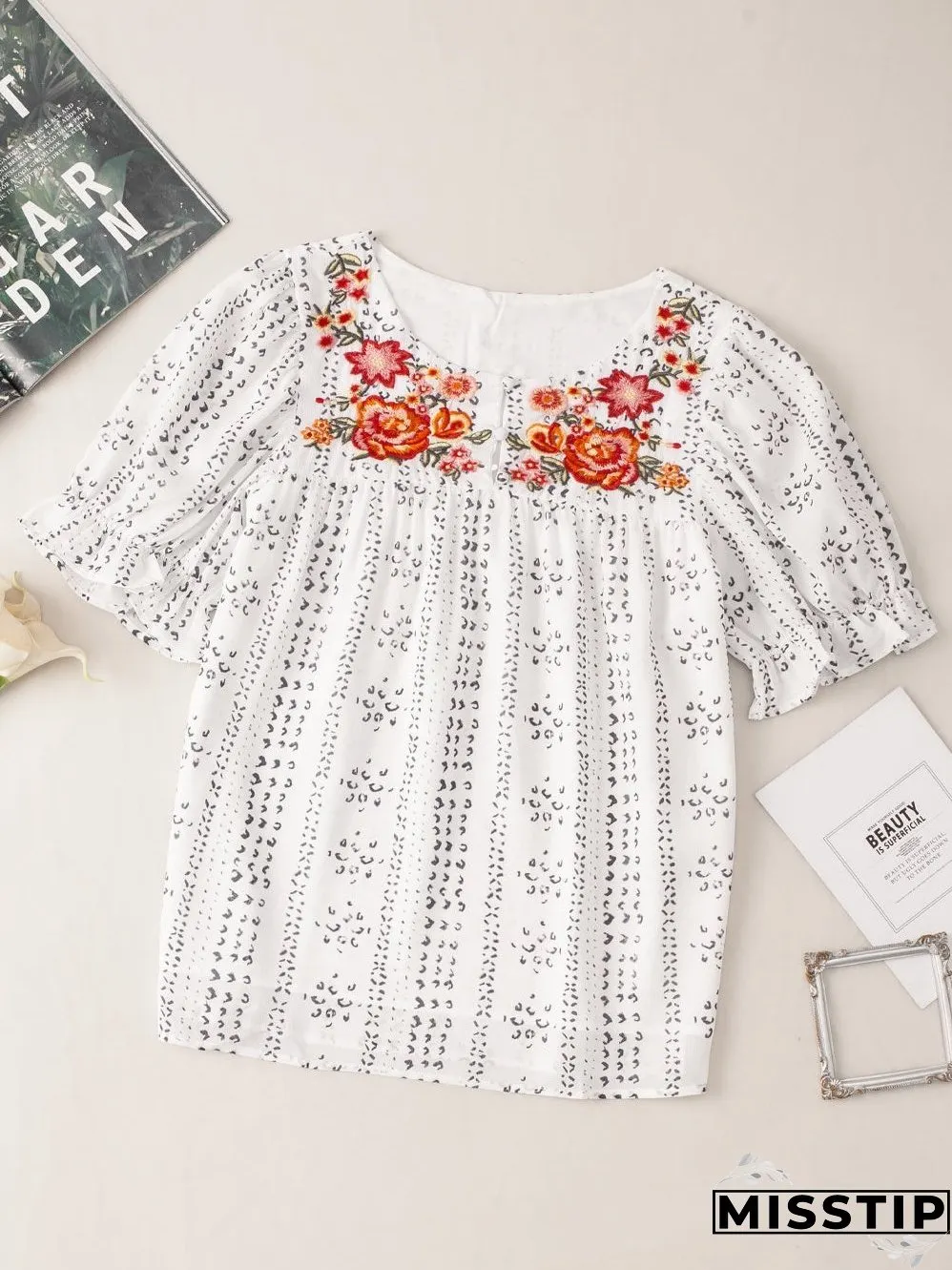 White Floral Embroidered Lightweight Summer Blouse