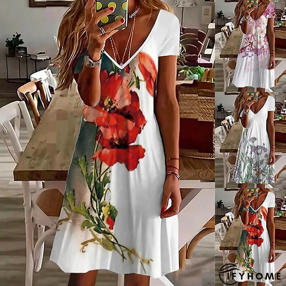 Women's Casual Dress Summer Dress Print Dress Floral Print V Neck Mini Dress Basic Fashion Outdoor Daily Short Sleeve Regular Fit White Pink Red Spring Summer S M L XL XXL | IFYHOME