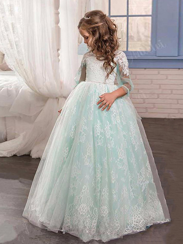 Bellasprom Princess  3/4 Length Sleeve Jewel Neck Ball Gown  Flower Girl Dress Lace  Tulle With Pleats  Appliques Bellasprom