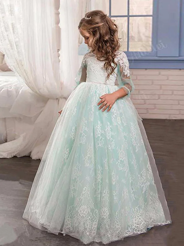 Daisda Princess  3/4 Length Sleeve Jewel Neck Ball Gown  Flower Girl Dress Lace  Tulle With Pleats  Appliques