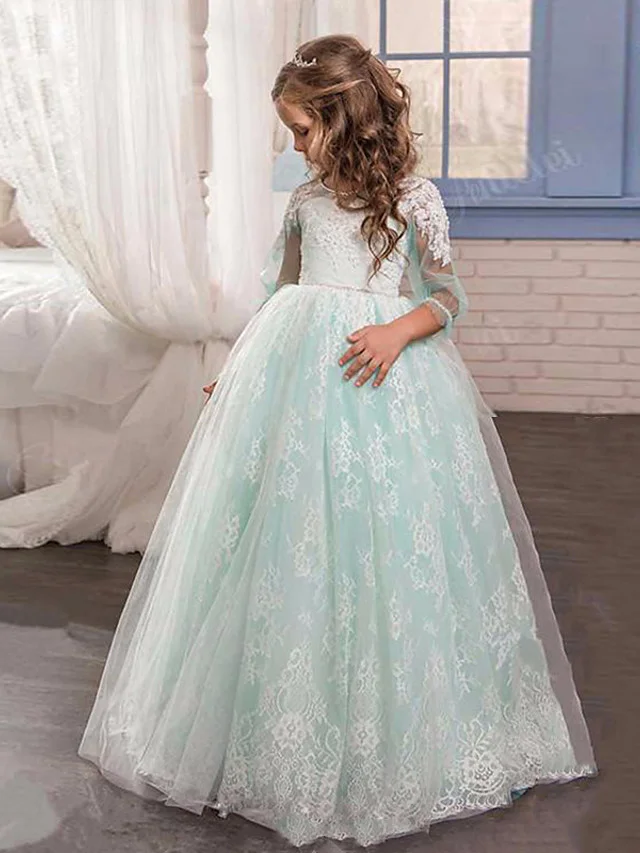 Hellodresses Princess  3/4 Length Sleeve Jewel Neck Ball Gown  Flower Girl Dress Lace  Tulle With Pleats  Appliques