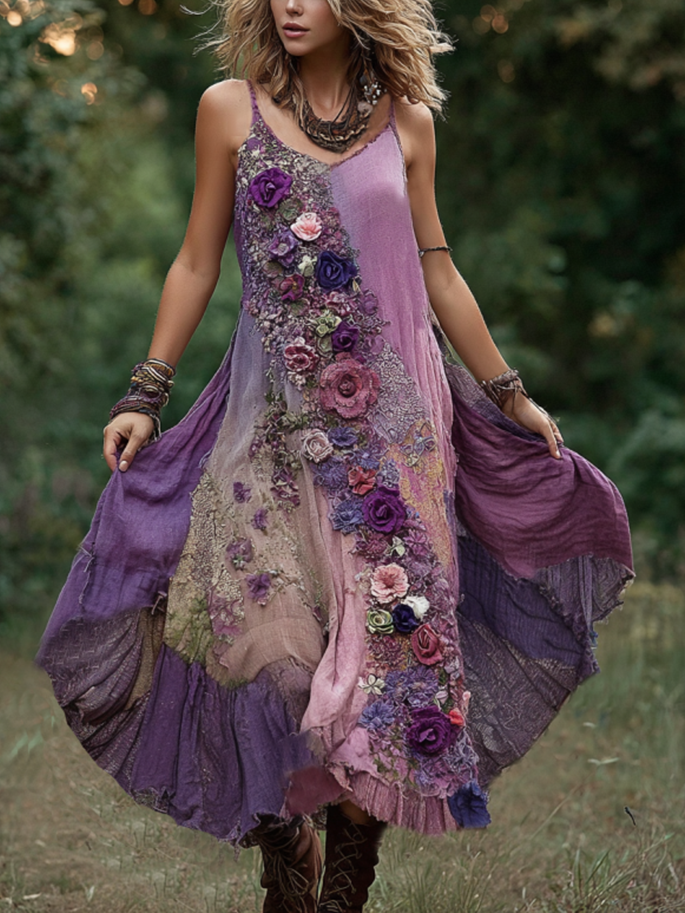 Vintage Classy Gradient Purple Lavender And Floral Embroidered Linen Suspender Long Dress