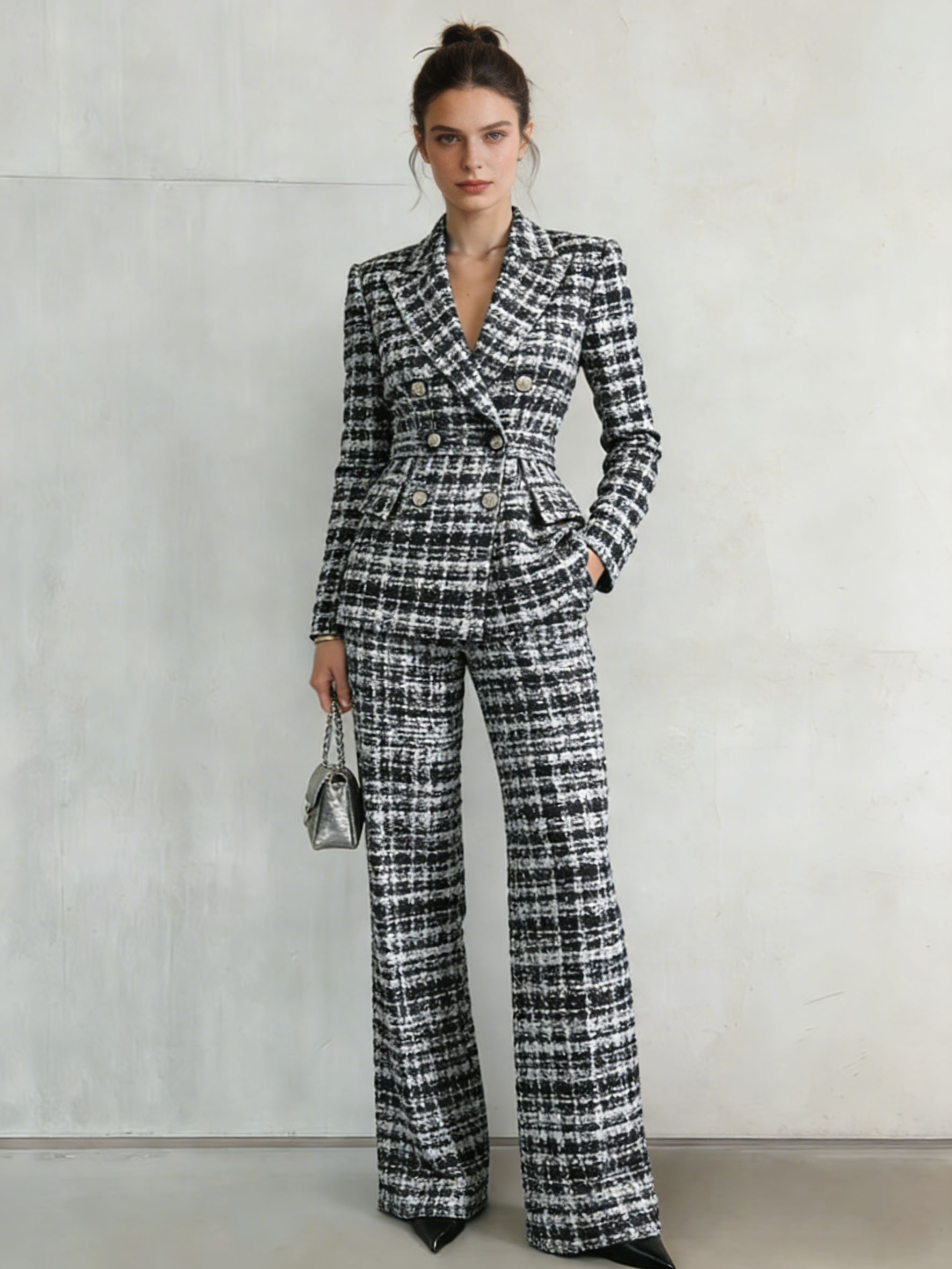 Women's Tweed Blend Single-Breasted Cropped Jacket And Wide-Leg Pants Set