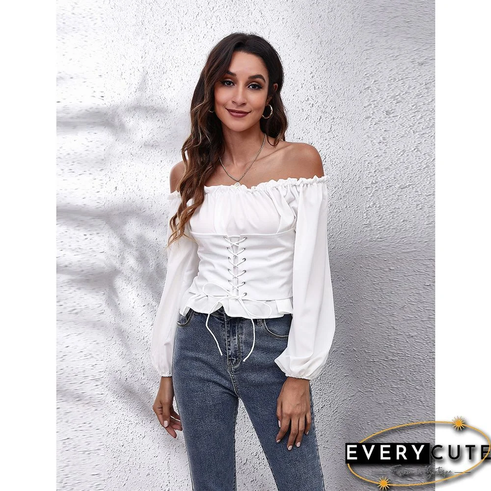 White Off Shoulder Slim Fit Lace-up Blouse