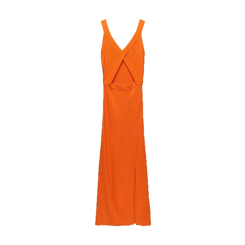 Stylish Chic Front Hollow Out Orange Midi Dress Women 2021 Fashion V-Neck Side Split Strap Dress Female Elegant Vestidos