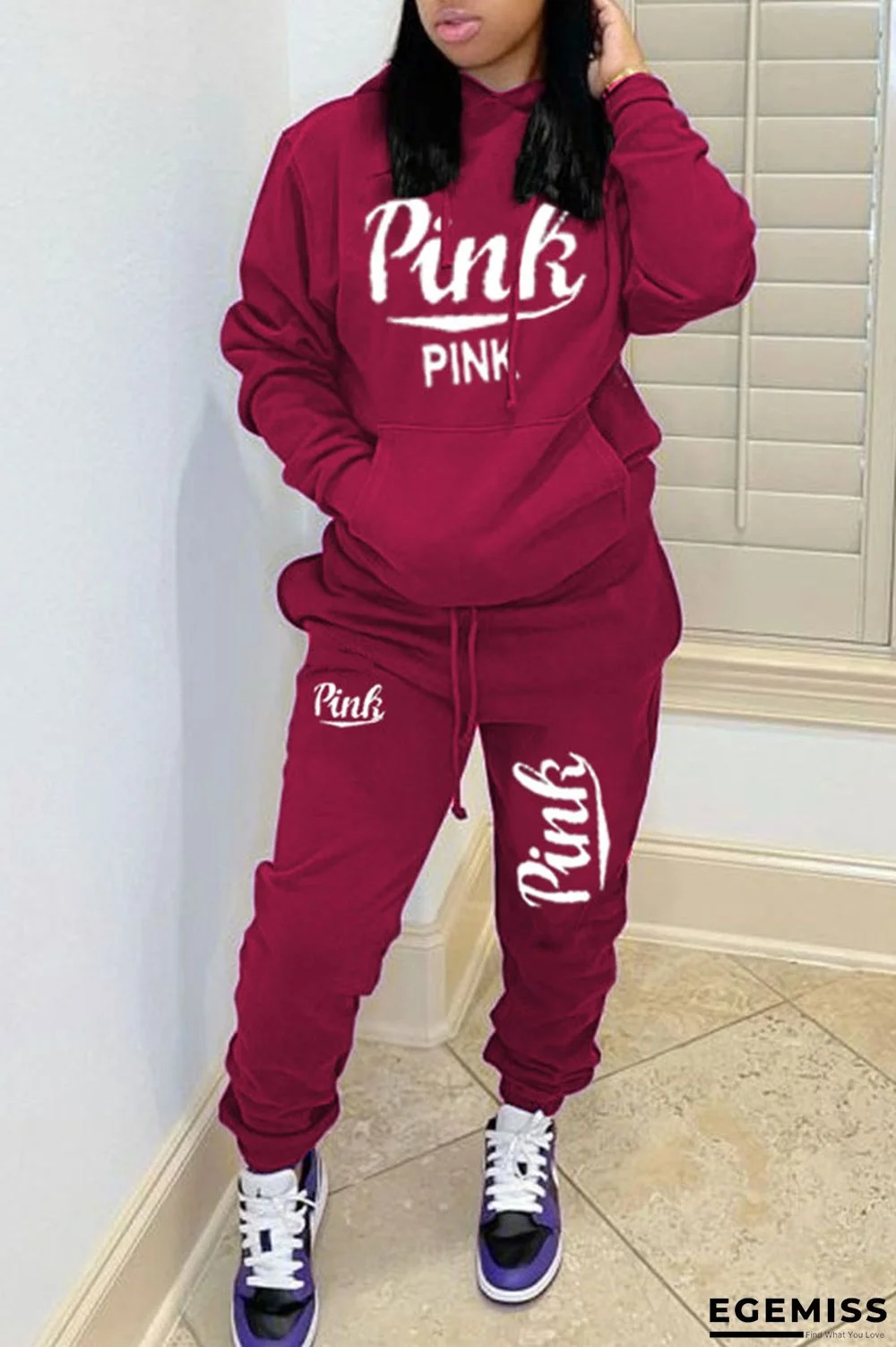 Wine Red Casual Letter Print Hooded Collar Long Sleeve Two Pieces | EGEMISS