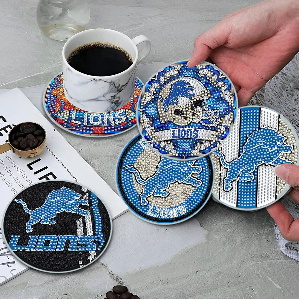 Detroit Lions 6pcs DIY Diamond Painting Acrylic Coasters Holder for Beginner Adult