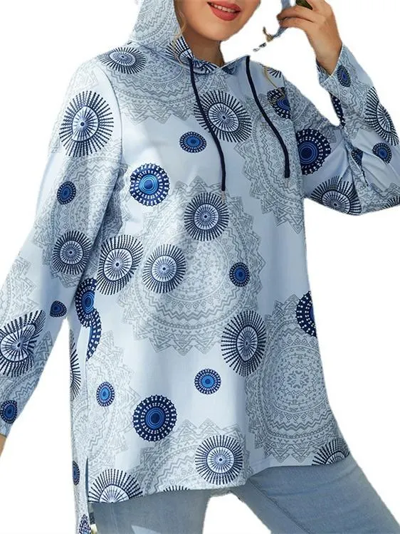 Women's Long Sleeve Floral Printed Hooded Top