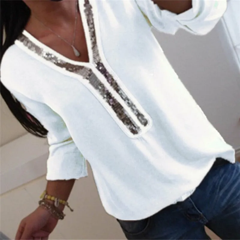 Women Blouse Plus Size V Neck Blouse Casual Loose Sequin Ladies Tops Women Shirt Top Long Sleeve Blouses Womens Tops And Blouses