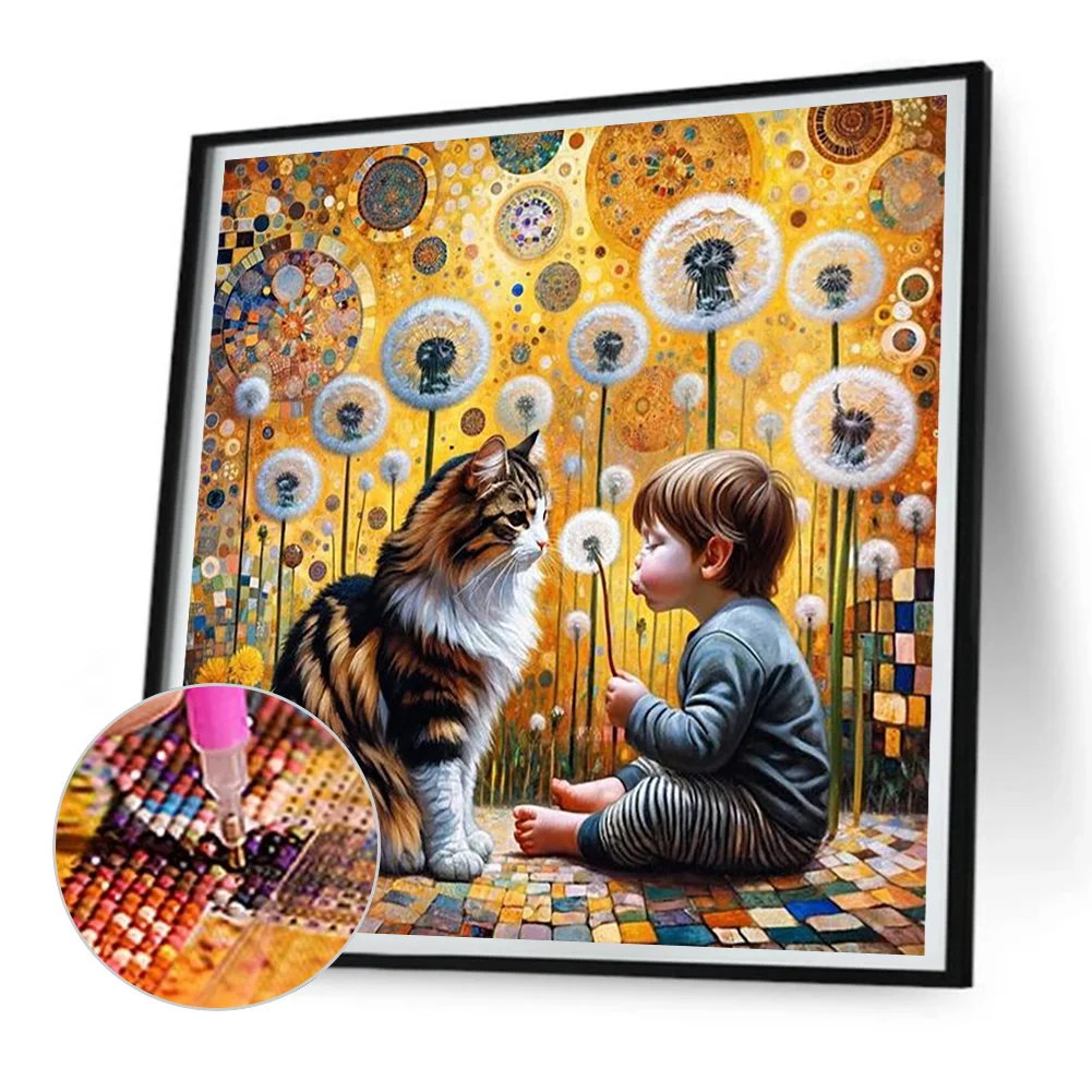Full Round Diamond Painting 30*30cm - Cat, Dandelions And Children
