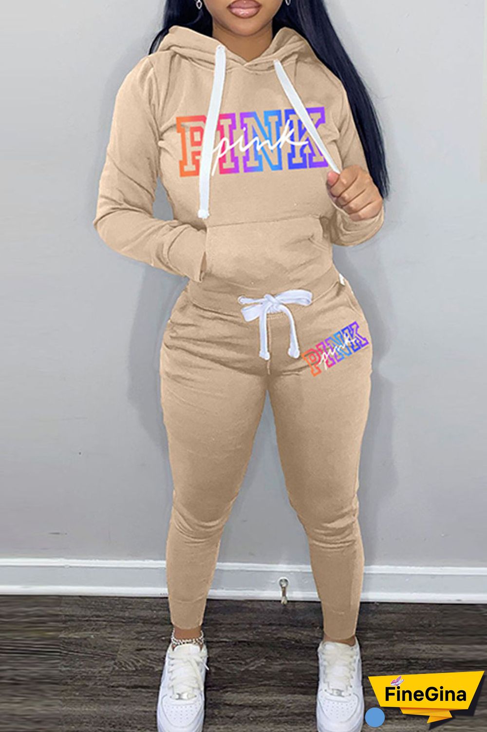 Light Gray Casual Letter Print Patchwork Hooded Collar Long Sleeve Two Pieces