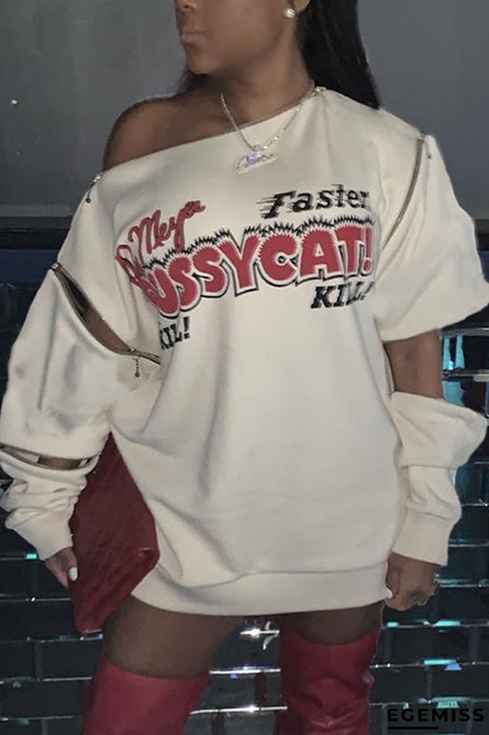 Apricot Fashion Casual Street Letter Print Pierced Hollowed Out Metal Accessories Decoration Basic Zipper Collar Long Sleeve Mini Straight Dresses | EGEMISS