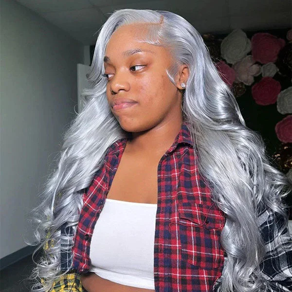 Junoda Silver Grey Body Wave Wig Lace Front Wig Colored Human Hair Wigs for Women
