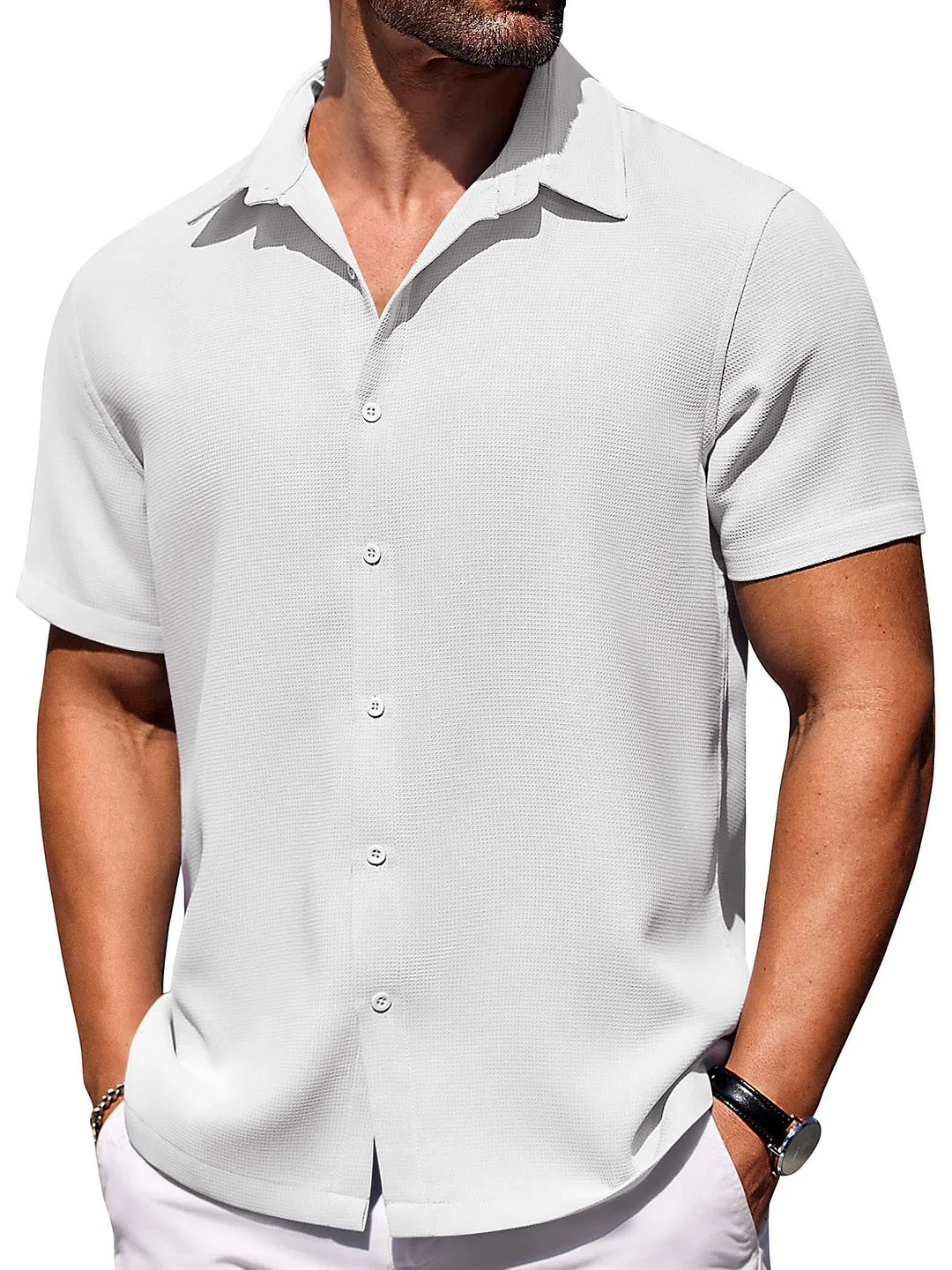 Suitmens Men's Hawaiian Waffle Fabric Lapel Short Sleeve Shirt