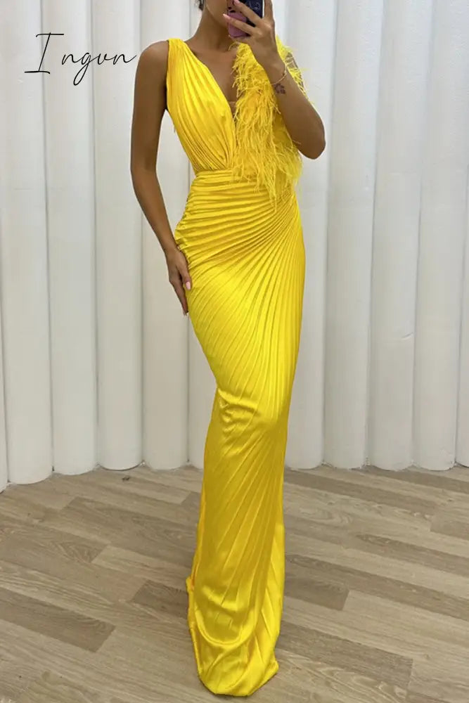 Ingvn - Sexy Solid Patchwork Pleated V Neck Long Dress Dresses Yellow / S Dresses/Maxi