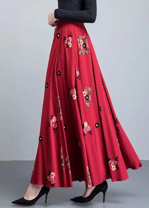 Loose Red Embroideried High Waist Patchwork Cotton Skirt Fall