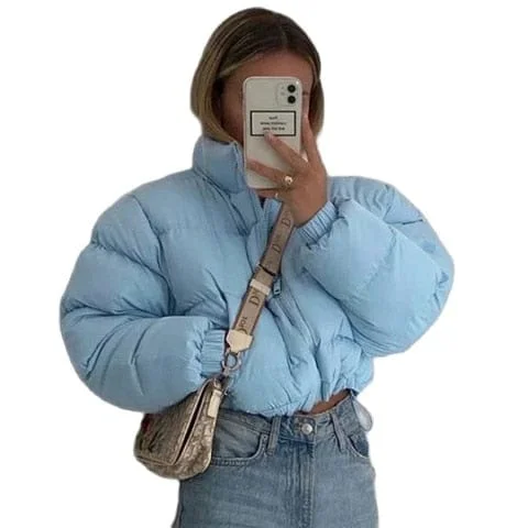 pornhint Pornhint OrangeA Women Short Puffer Jacket Cotton-Padded Thick Drawstring Parkas Zipper Winter Bubble Coat Warm Casual Hot Street Outfits