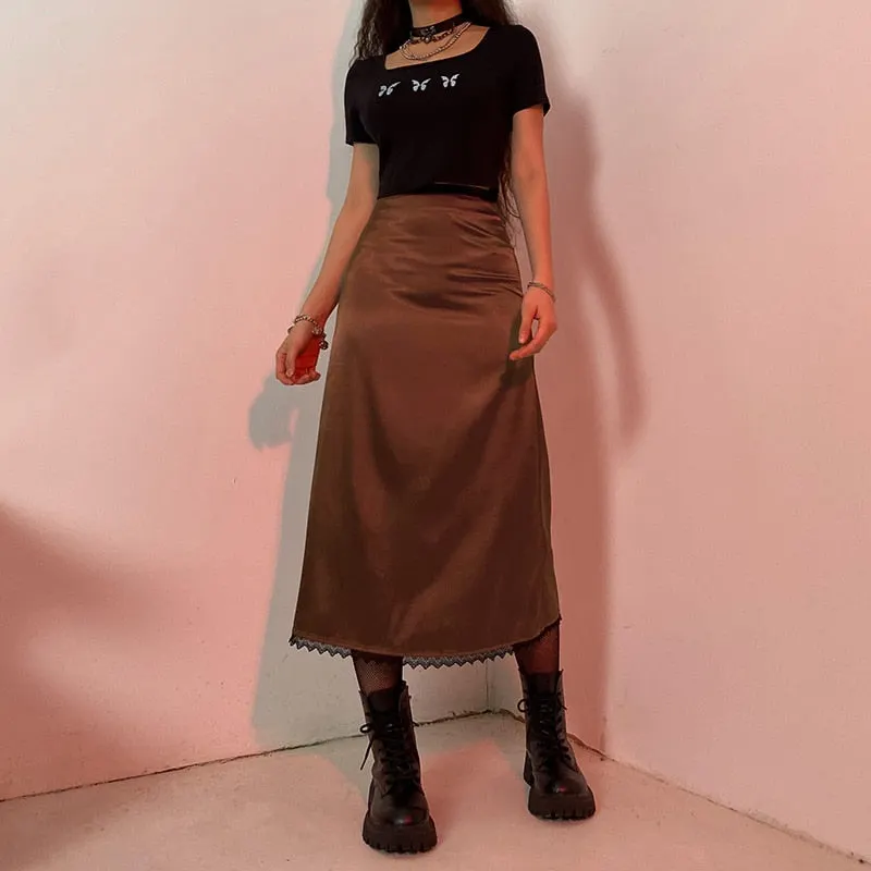 HEYounGIRL Vintage High Waist Satin Midi Skirt Women Brown Black Lace Patchwork Elegant Skirts Ladies Summer Streetwear  90s