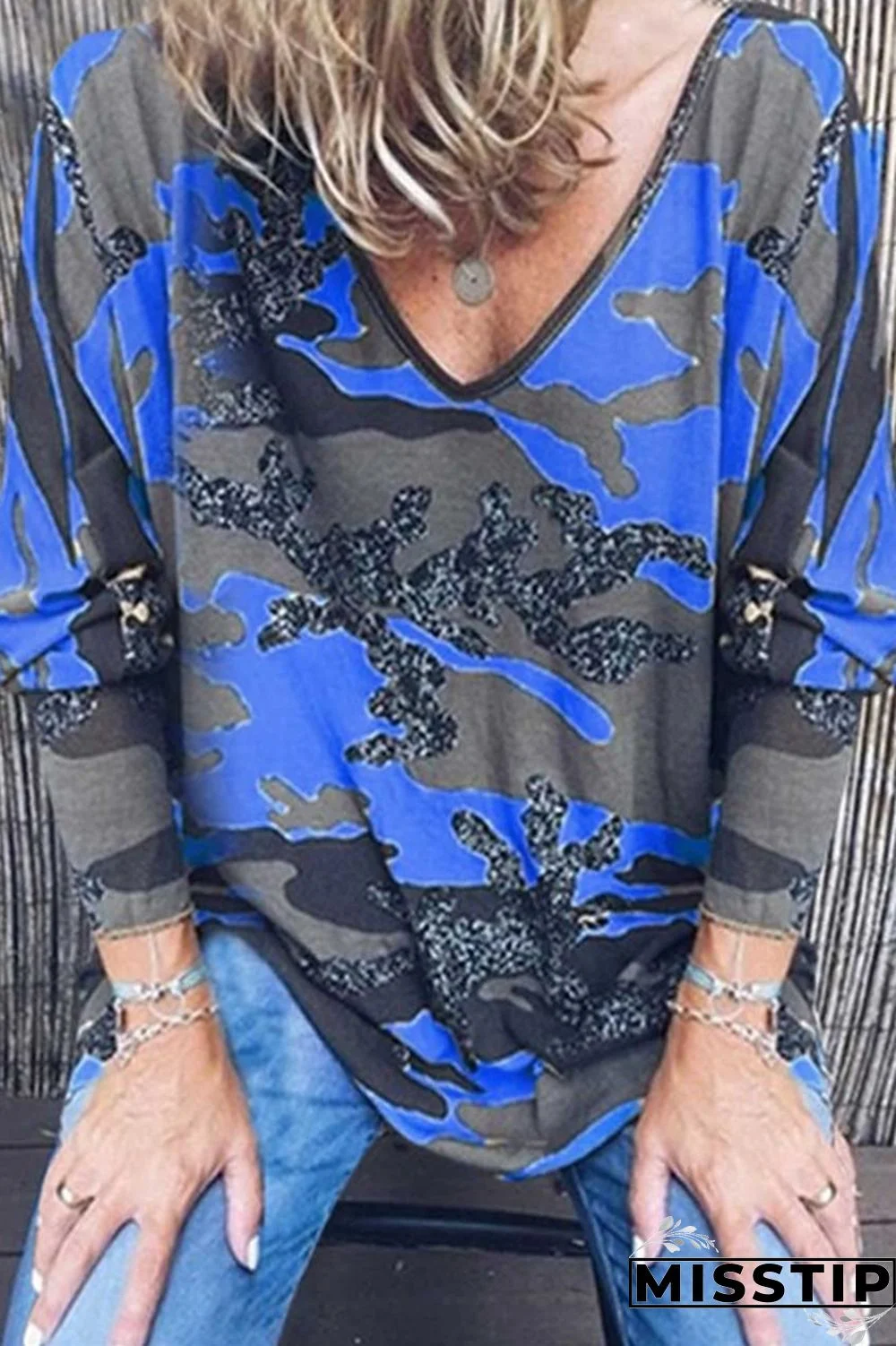 Blue Sexy V-Neck Loose Printed Long-Sleeved Top