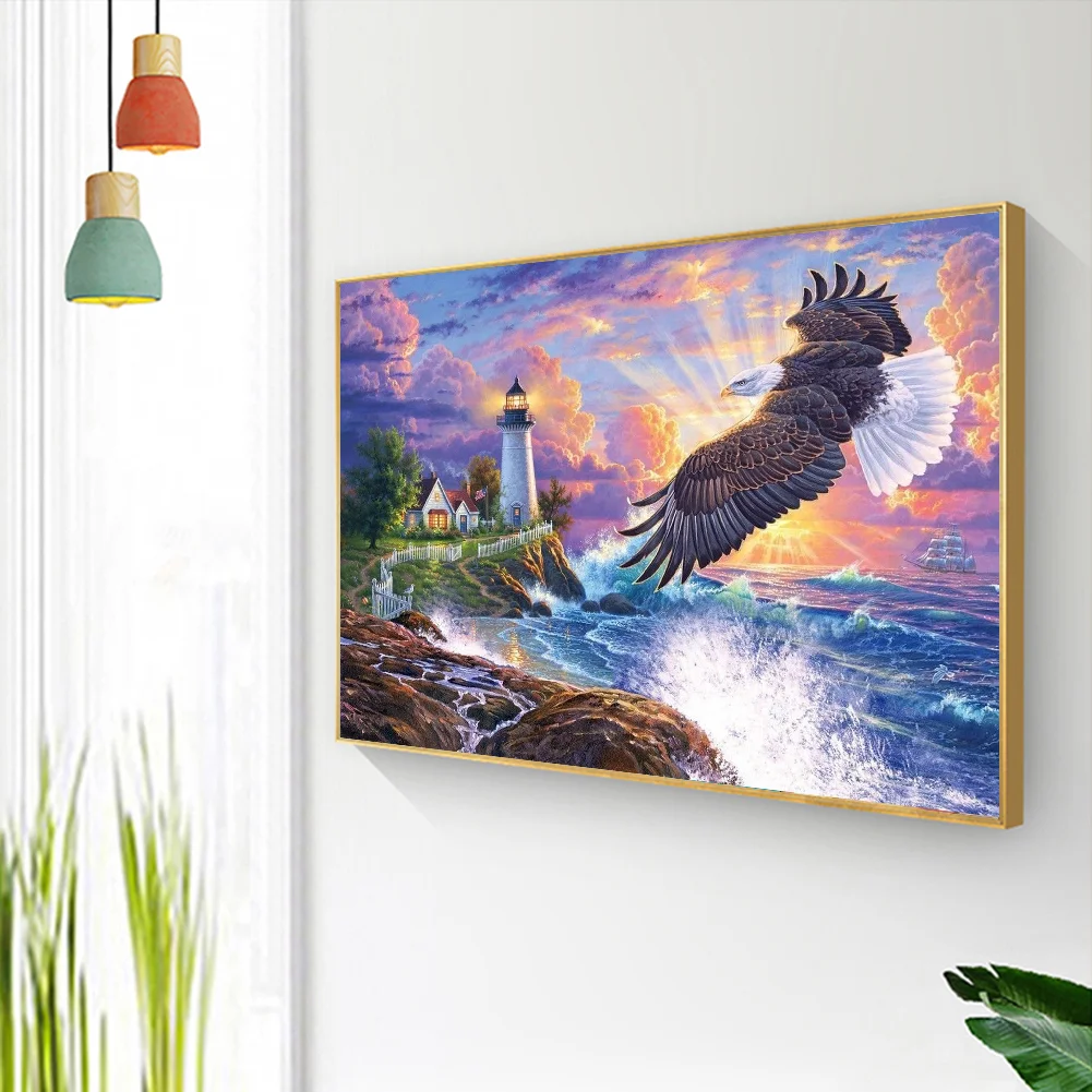 11CT Full Stamped Cross Stitch - Eagle and Lighthouse(Canvas|60*45CM)