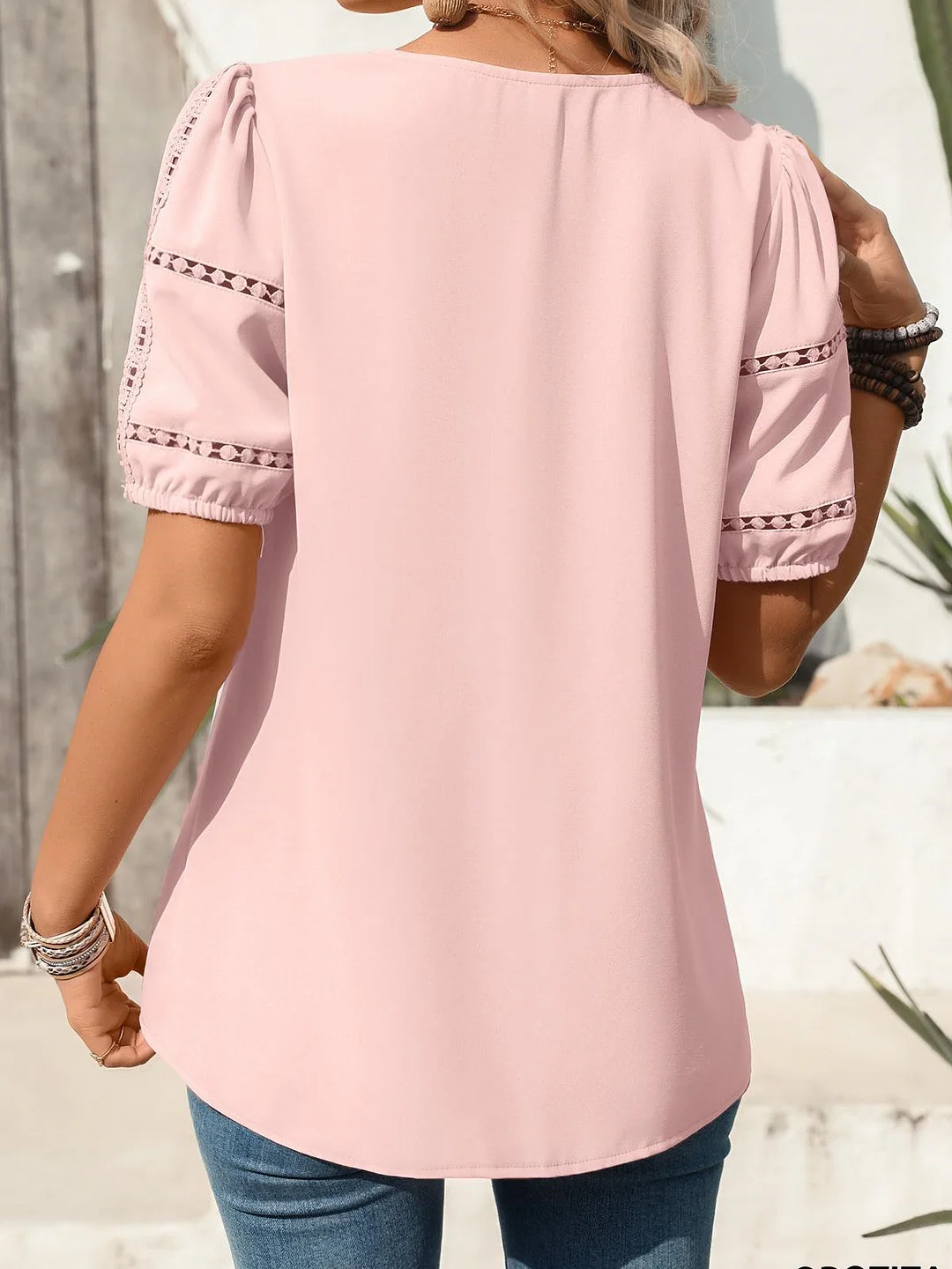 Women Short Sleeve V-neck Solid Lace Button Tops